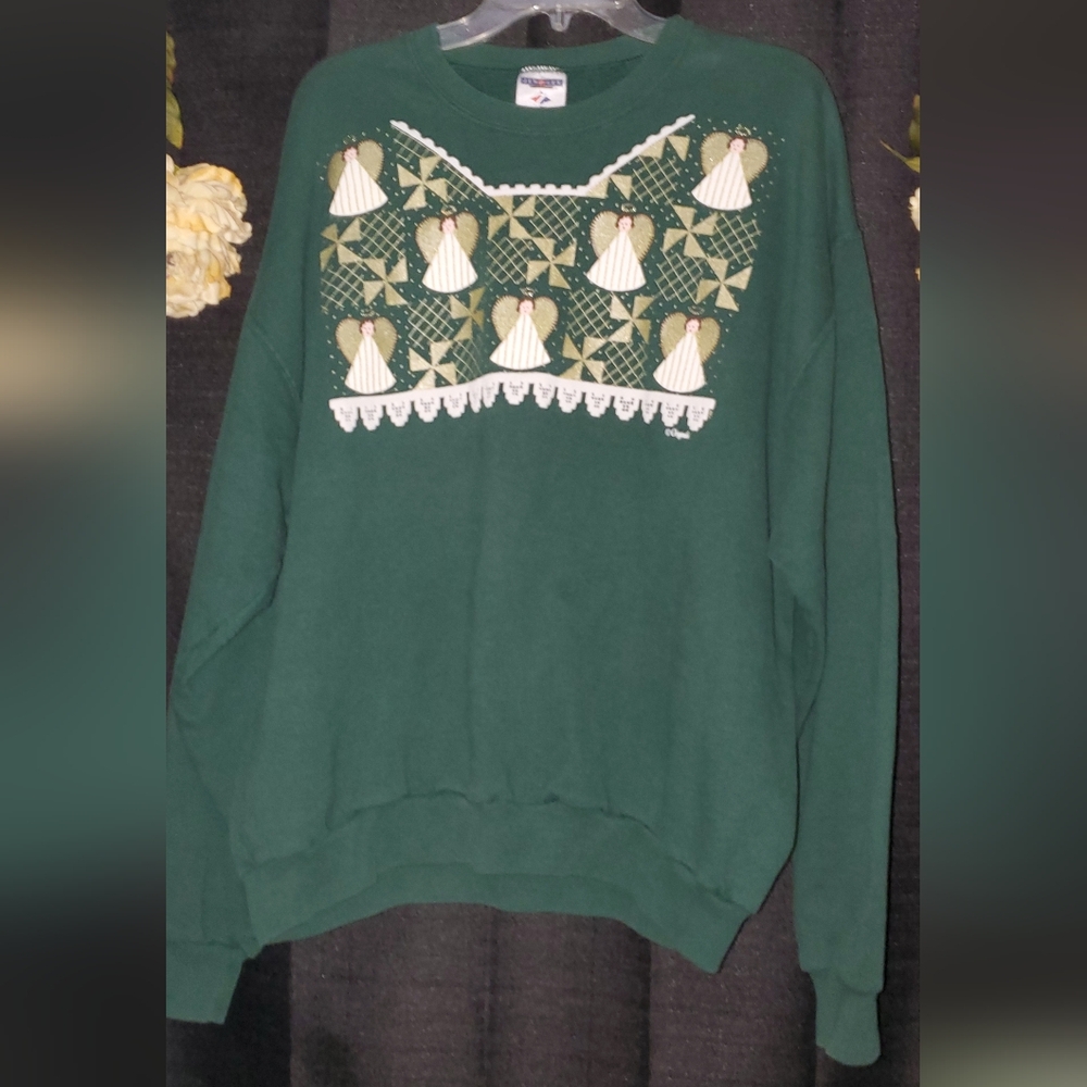 Jerzees SZ XL Christmas forest green pullover sweatshirt with angels